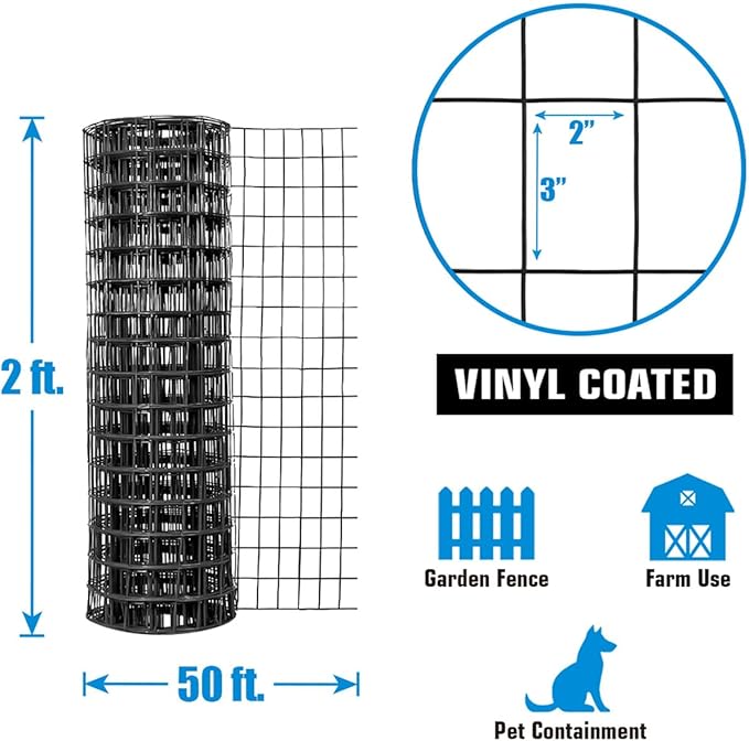 Fencer Wire Vinyl Coated 16 Gauge Welded Fence Wire Roll, Mesh Size 2-Inch x 3-Inch, Black Metal Garden Fencing Wire Grid Hardware Cloth, Multiple Use for Home Improvement