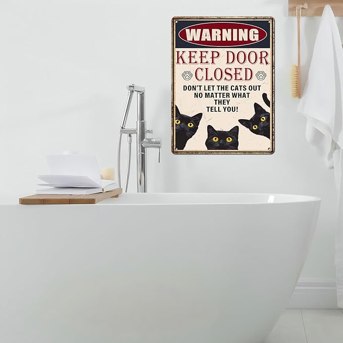 Retro Black Cat Metal Tin Sign Keep Door Closed Sign Funny for Home House Farmhouse Fence House Wall Gate 12 * 16inch