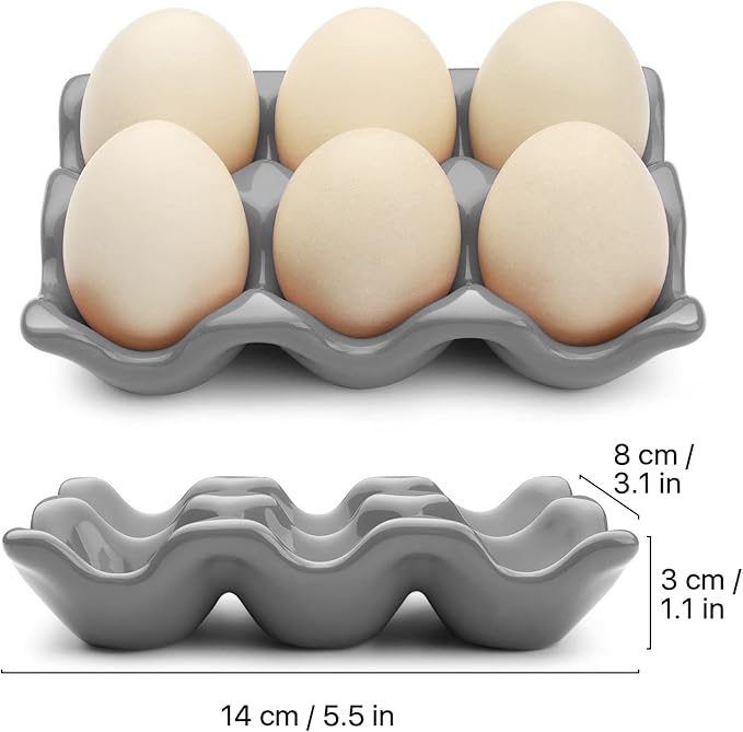 Flexzion Porcelain Egg Crate - 6-Egg Capacity Ceramic Egg Tray, Half Dozen Egg Holder for Fridge, Countertop Display - Gray Decorative Serving Dish and Storage Organizer, 2 Pack