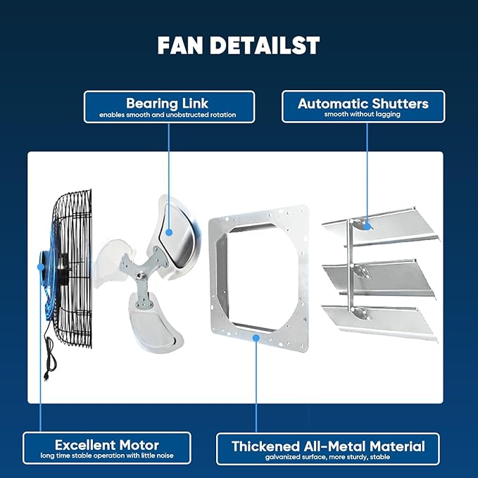 KEN BROWN 12 Inch Shutter Exhaust Fan, Gable Vent Fan, Wall Mount Ventilation, High Speed 1450 CFM, Automatic Aluminum Blades, for Garages, Shop, Greenhouse, Attic, with Power Cord
