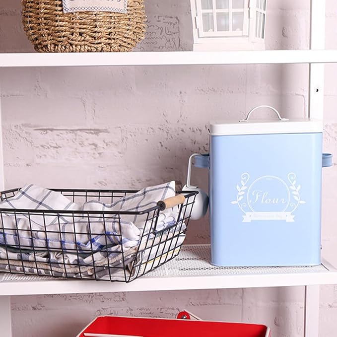 Rice Storage Container Iron Grain Box with Lid, Blue Metal Kitchen Organizer for Rice, Bread, Snacks – Food Storage Bin for Pantry and Home Use,