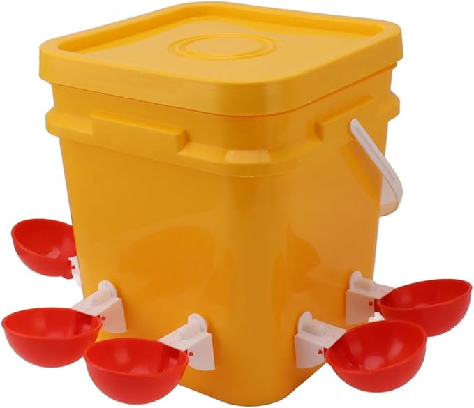 GLOGLOW Automatic Chicken Waterer Bowl, Durable Plastic with Gravity System, 12L Drinker for Chickens, Ducks and Other Poultry (Bucket + Big Red Bowl + Black Screws)