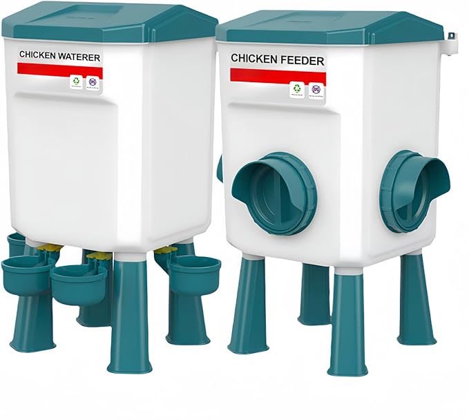 Chicken Feeder and Chicken Waterer Set (3 Gallon/18 Pounds) - Hanging Automatic Chicken Feeder No Waste - Chicken Coop Accessories - Poultry Waterer (Blue)