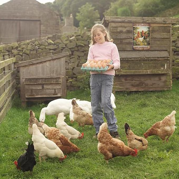 ERLOOD Just Want to Work in My Garden and Hang Out with My Chickens Farm Poster Vintage Metal Tin Sign Wall Plaque for Home Kitchen Bar Coffee Shop 12 X 8