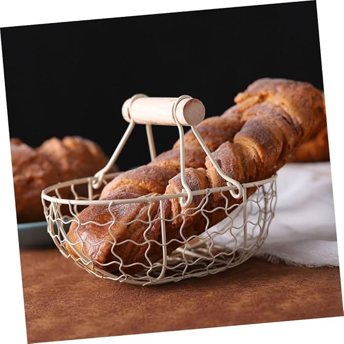 2pcs Vintage Farmhouse Style Wire Fruit and Bread Basket with Wooden Handles Multi-function Kitchen Storage Basket for Eggs and Snacks Gray and Cream for Countertop Organization