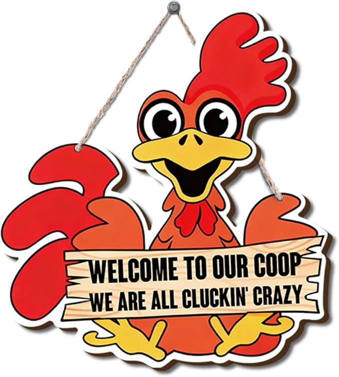 Farmhouse Chicken Coop Decor, Welcome to Our Coop Funny Rooster Sign, Cartoon Painting Style Wood Hanging Plaque, Rustic Farmhouse Wall Art for Porch Patio Barn or Chicken House, 11x10 Inches