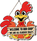 Farmhouse Chicken Coop Decor, Welcome to Our Coop Funny Rooster Sign, Cartoon Painting Style Wood Hanging Plaque, Rustic Farmhouse Wall Art for Porch Patio Barn or Chicken House, 11x10 Inches