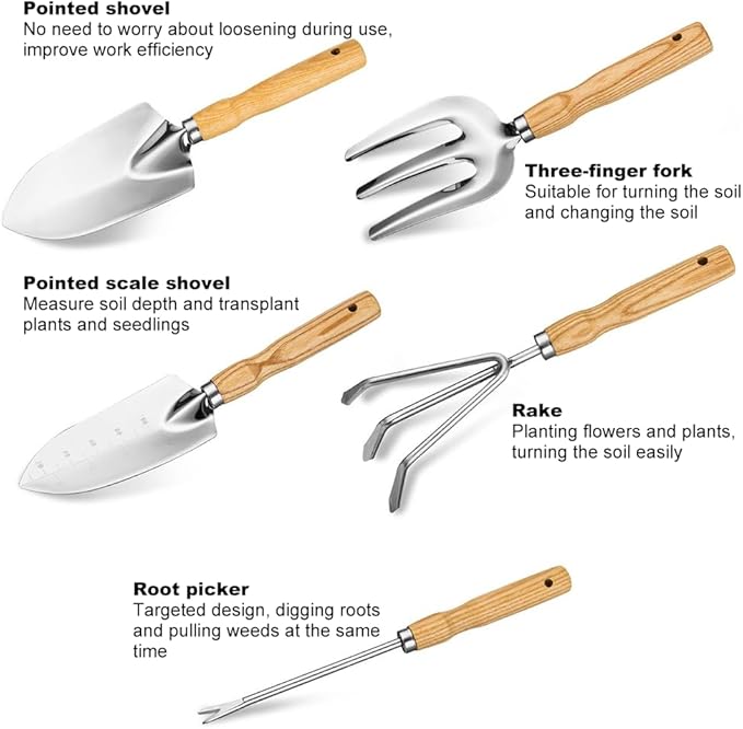 Garden Tool Set, 5 Piece Stainless Steel Gardening Hand Tools Including Graduation Shovel, Hand Rake, Transplanter, Trowel, Hand Cultivator