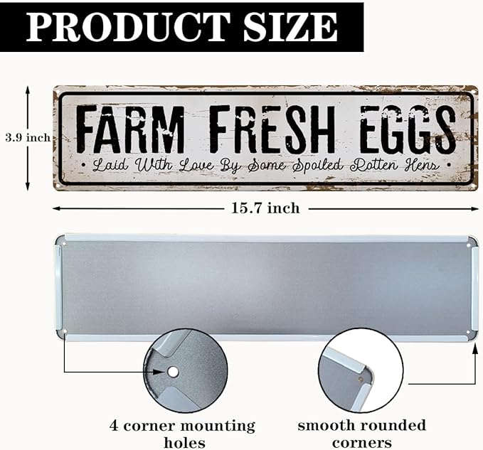 Funny Chicken Decor, Farm Fresh Eggs Sign, 15.8x4 inches, Vintage Farmhouse Decoration for Chicken Coop, Funny Hen House Decor, Aluminum Metal Tin Signs, Gift for Chickens Owner
