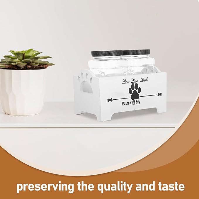 Mipcase Wooden Dog Food Storage Box with Airtight Jars, Treat Container Set for Countertop, Farmhouse Style Dog Treat Holder with Divided Compartments, White Wood for Home Pet Food
