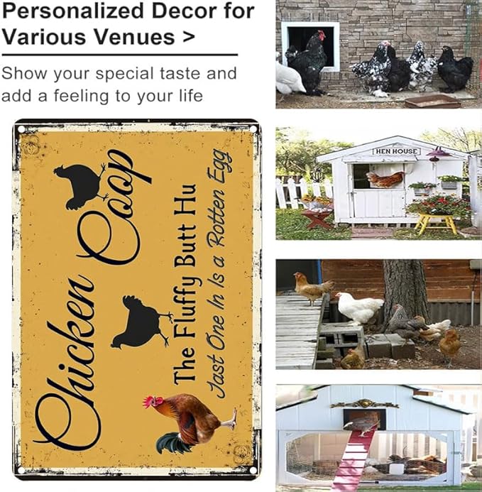 Chicken Coop Outdoor Decor with Fluffy Butt Hut Design 12x16 Inch Tin Sign for Yard Farmhouse Poultry Lovers