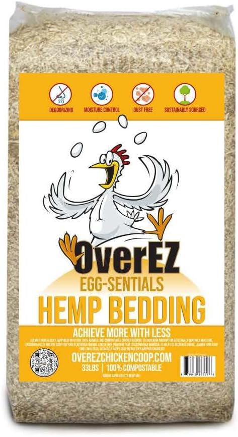 [33lbs] OverEZ Hemp Chicken Bedding - Made from 100% Natural Hemp - Super Absorbent, Eco-Friendly, Eggcellent Odor Control, and Dust Free