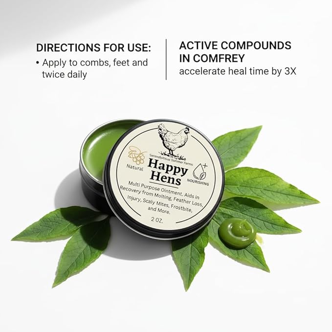 SSF Organics Happy Hens- All Purpose First Aid Poultry Balm. Organic Healing Ointment for Pecking Wounds/Sores, Frostbite, Mites, and Molting. Concentrated Hen Healer Ointment. Made in The U.S.A.