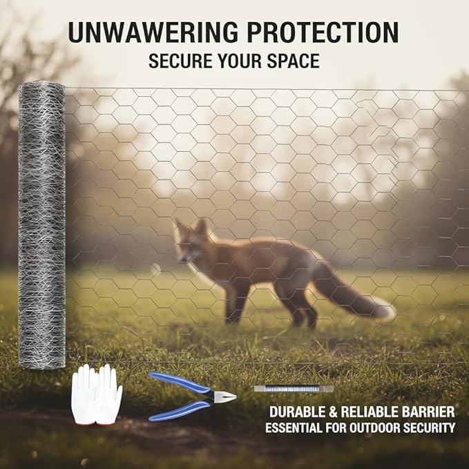 (47 inches x 99 feet) No. 20 Hexagonal Galvanized Metal Mesh, Chicken Wire Fence, Poultry Protective Netting, Cut-to-Size, Weather-Resistant, Includes Gloves, Pliers, and Wire