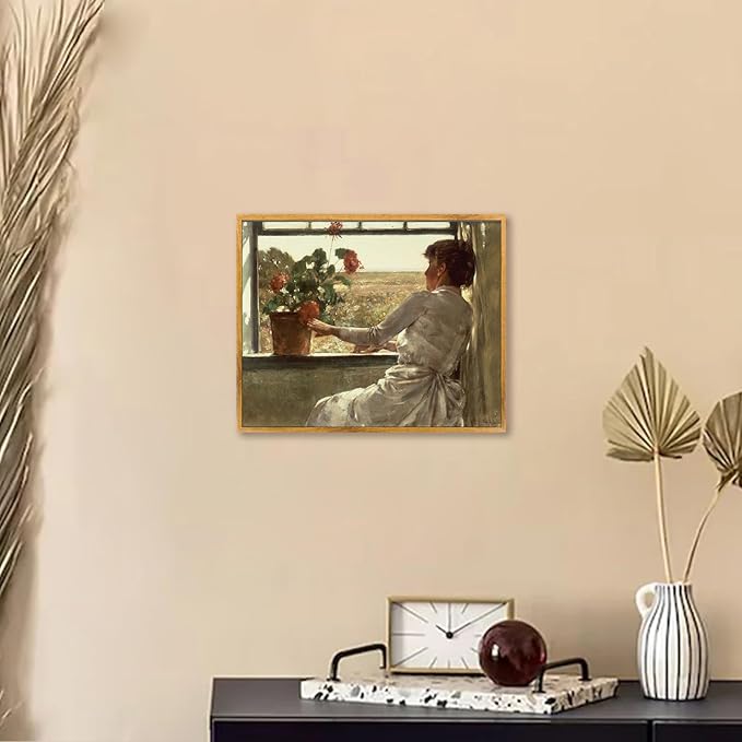 Farmhouse Women Painting Retro Landscape Artwork Women Portrait Art Victorian Wall Art Flower in Vase Painting Vintage Woman Picture Nature Scenery Artwork Window View Farmhouse Wall Art 8x10in Framed