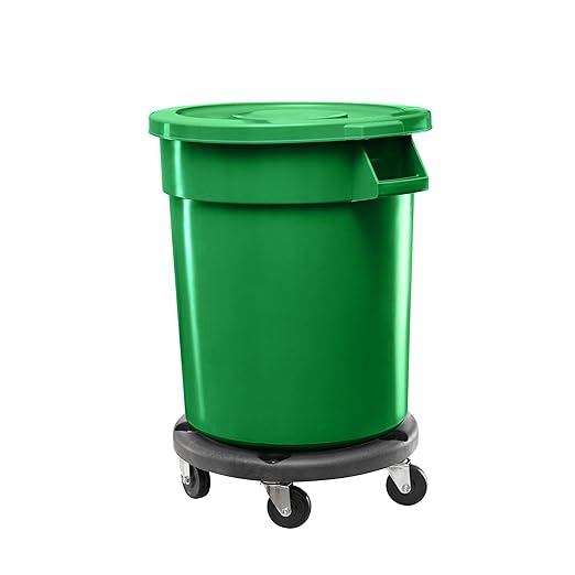 Feed and Seed Storage Container, 32 Gallon Green Round Commercial Trash Can with Lid and Dolly, Food Storage Plastic Bin, Use in Agricultural, Gardening, or Household