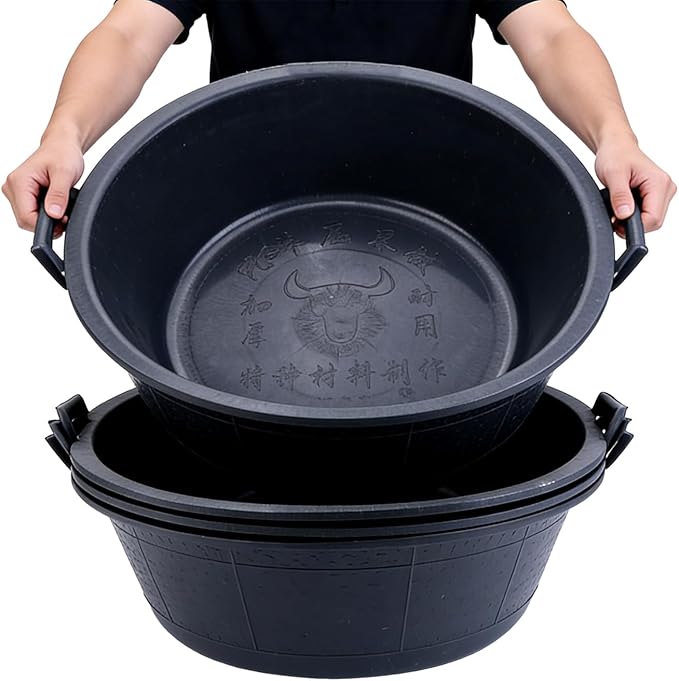 4Pcs Large Rubber and Plastic Feed Pan with Handle, 8.6 Gallon/ 34 Quart Plastic Feed Pan Utility Horse Feed Bucket for Cats Dogs Goats Chicken Dust Bath Container Animal Feeding Watering Bowl