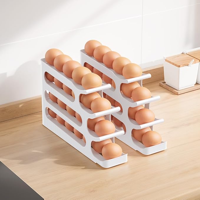 Sotfamily Egg Holder for Fridge, 4 Tiers Auto Rolling Egg Storage Organizer for Refrigerator, Slim Space Saving Container, Dispenser - Egg Roller for Eggs 24 Count
