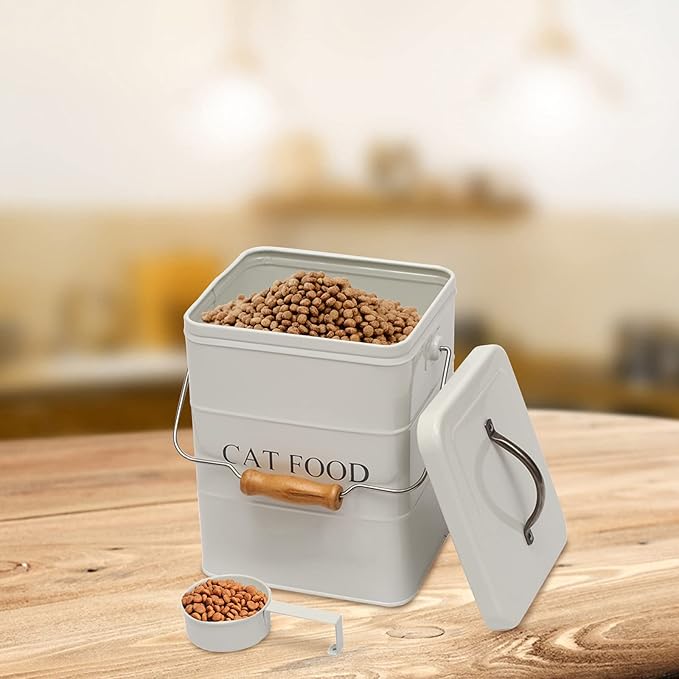 Cat Food Treat Storage Container with lid scoop included - Perfect Farmhouse Cat Food Bin for Kitchen Countertop, Shelf, Decoration Home - Cat Food - White