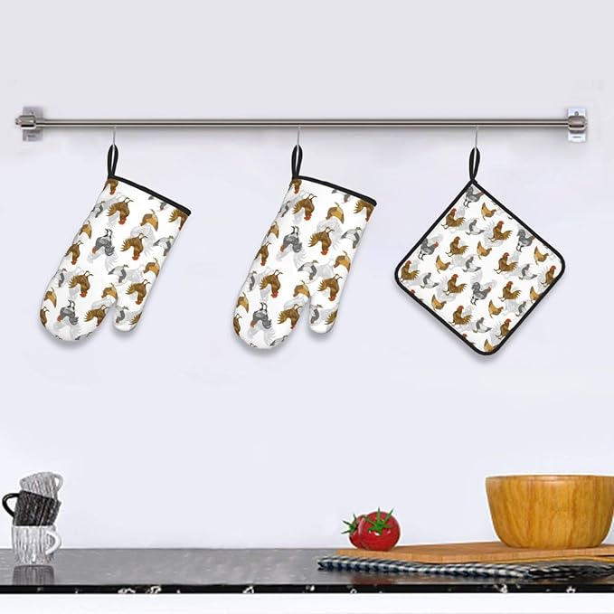 Roosters Chichen Oven Mitts Heat Resistant, Rustic Farmhouse Pot Holders and Oven Gloves Set for Kitchen Decor, Baking Gloves Hot Pads for Cooking Grilling BBQ Sets, Chicken Gifts for Women