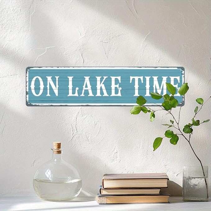 On Lake Time Metal Tin Sign Rustic Lake Decor Wall Hanging Art Vintage Style Wall Decor for Living Room Bedroom Cabin Porch Lake House 4x16 Inch