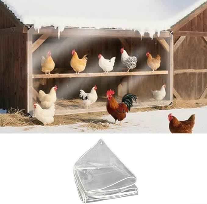 6x10 ft Winter Chicken Cover with Heavy Duty PVC Construction, Transparent for Sunlight, Metal Eyelets and Double Stitched Edges for Stability