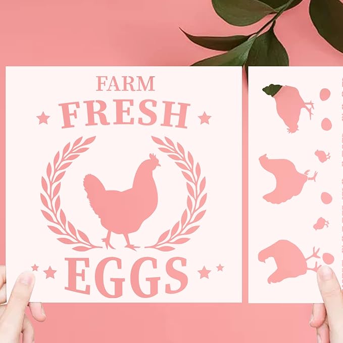 4 Pieces Hen Chicken Farmhouse Stencils Farm Fresh Eggs Stencil Rustic Farmhouse Reusable Stencil Templates DIY Chicken Country Farmhouse Home Decor Stencils for Painting on Wood Fabric Wall Furniture