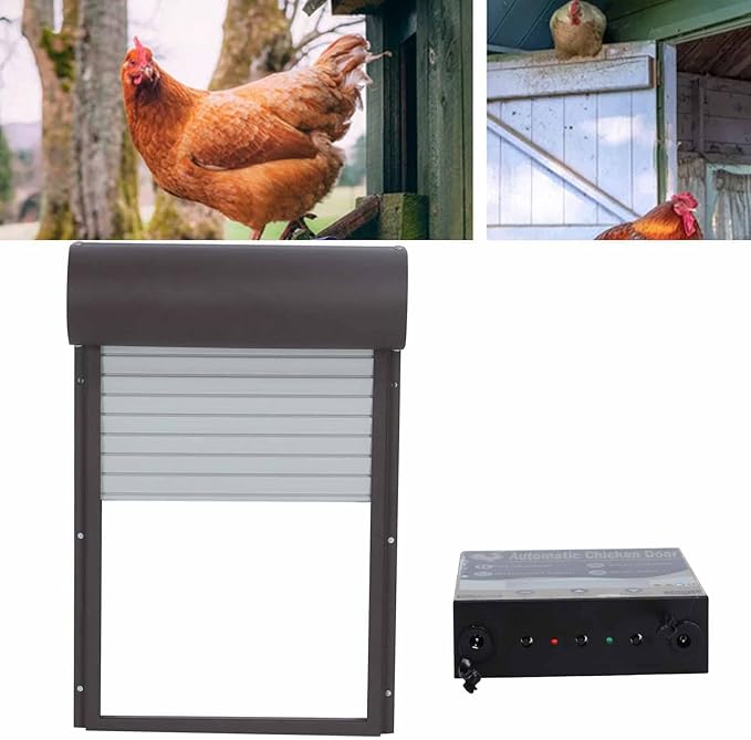 Automatic Chicken Coop Door, LED Display Controller Solar Powerd Metal Rolling Curtain Chicken House Door with Timer for Chicken Duck Poultry
