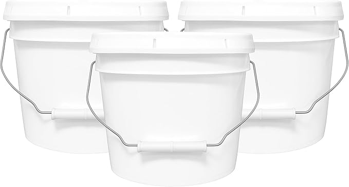 2-Gallon Bucket with Airtight Lid – Made in USA, Food Grade BPA Free Plastic, Heavy Duty Multi-Use, Metal Handle with Grip, Stackable Storage – White, 3 Pack