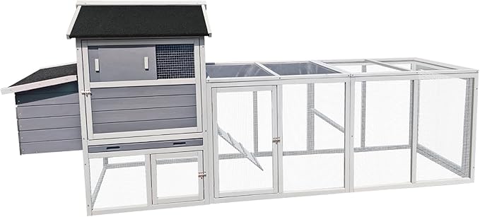 Large Wooden Chicken Coop Outdoor Hen House with Nesting Box，Walk-in Poultry Cage with Secure Locks, Metal Mesh Run for Backyard Farm Use (Gray 114.26")