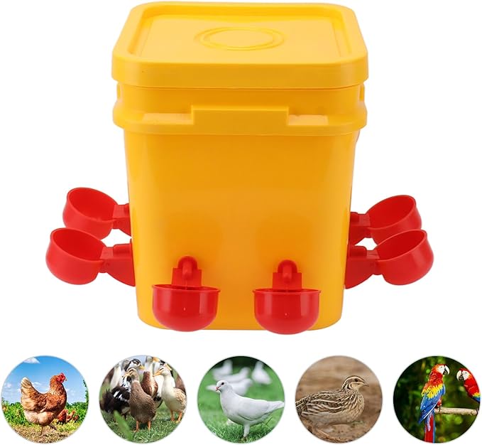GLOGLOW Automatic Chicken Waterer Bowl, Durable Plastic with Gravity System, 12L Drinker for Chickens, Ducks and Other Poultry (Bucket + Red Bird Bowl + Black Screws)