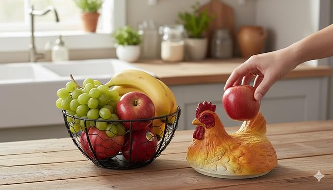 Chicken Egg Basket, for Farmhouse Kitchen Decor – Rustic Wire Egg Basket with Handle, Rooster Decorative Holder, Vintage Farmhouse Decor, Fruit Basket for Kitchen Counter