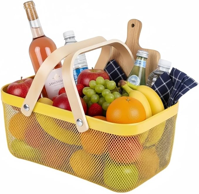 Portable Mesh Harvest Basket - Natural Bamboo Handle Foldable Organizer for Kitchen, Garden & Picnic | Ventilated Storage Bin with Rust-Proof Wire, Space-Saving Farmhouse Decor (Lemon Yellow)