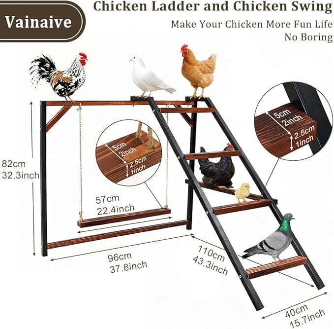 Chicken Perch Swing, Chicken Roosting Bars with Ladder for Coop, Metal Pet Swing Set for Pet's Healthy & Happy for 8-10 Chick (Walnut 1)