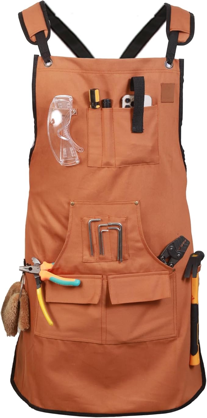 Woodworking Apron for Men - 9 Reinforced Pockets Durable Canvas Padded Cross Straps - Woodworking Gifts for Men