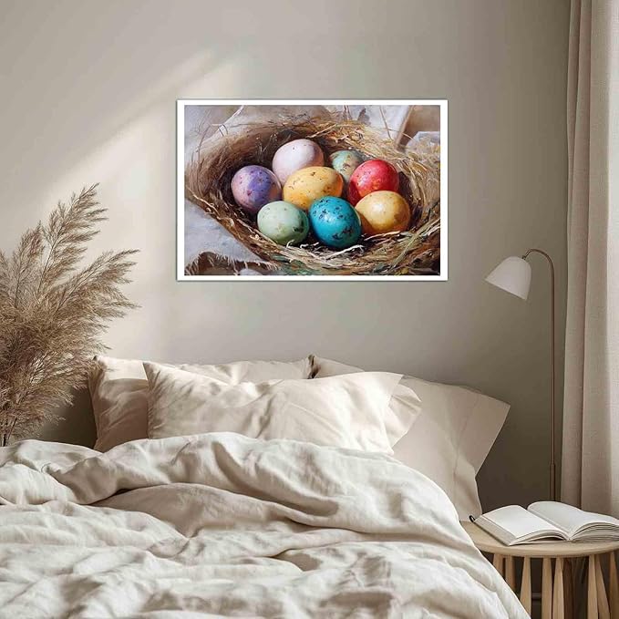 MNFGMH Easter Canvas Watercolor Easter Eggs Spring Art Cute Easter Picture for Living Room and Kitchen Canvas Roll 20x30 inch