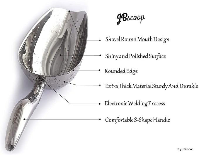 JBscoop Metal Ice Scoop Stainless Steel, Popcorn Scoop, 9.4 Inch Dog Food Scoop Popcorn for Party Wedding, Heavy Duty Dishwasher Safe