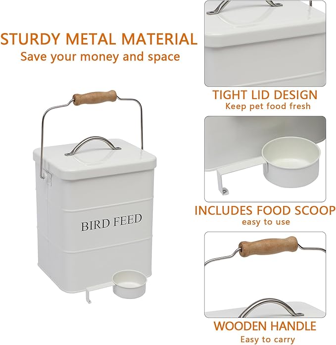 Morezi Bird seed and feed storage tin with lid Included - white-coated carbon steel - tight fitting lids - storage canister tins - White