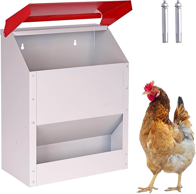 Galvanized Wall Mount Chicken Feeder No Waste Hanging Chicken Feeder with Lid Weatherproof Metal Automatic Poultry Feeder Trough Food Dispenser for Outside Coop (23 lbs)