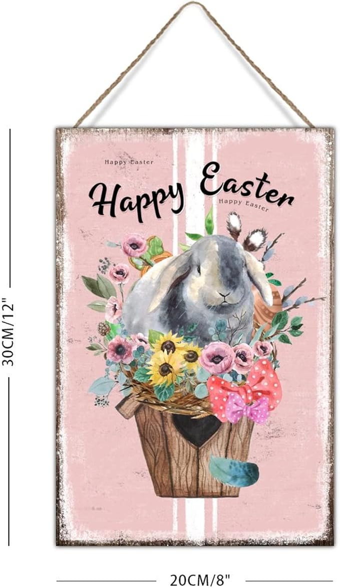 Happy Easter Flower Basket Bunny Wood Hanger Sign French Style Floral Pink Stripes Wood Wall Plaque Spring Farmhouse Decor Easter Bunny Rustic Signs for Home Office School 8x12in