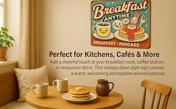 Vintage-Style 8x12" Breakfast Coffee Diner Tin Sign - Durable Iron Metal Wall Art with Easy Hanging, Unique Design for Kitchen, Restaurant, Bar Decor - Perfect Home or Office Gift Idea