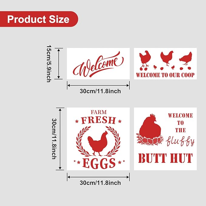 4 Pieces Hen Chicken Farmhouse Stencils Farm Fresh Eggs Stencil Rustic Farmhouse Reusable Stencil Templates DIY Chicken Country Farmhouse Home Decor Stencils for Painting on Wood Fabric Wall Furniture