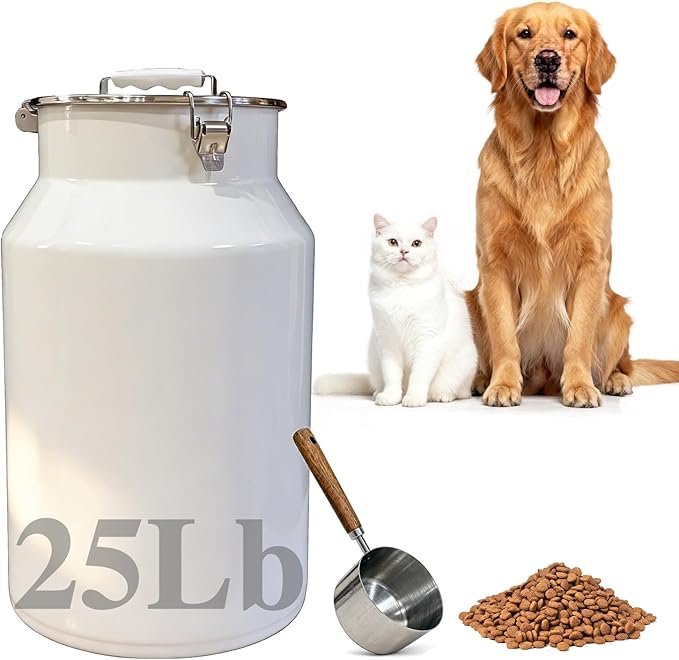 25 Lbs Stainless Steel Dog Food Storage Container with Scoop, Large Metal Dog Food Bin with Airtight Lid & Locking Clamp, Pet Treat Jars for Dogs & Cats, Keep Fresh