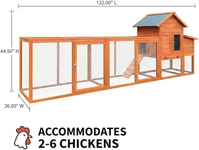 122" Large Wooden Chicken Coop with Run - Outdoor Hen House for 4-6 Chickens, Poultry Habitat Supplies with Chicken Nesting Box, Covered Chicken Enclosure & Big Chicken Coop Kits