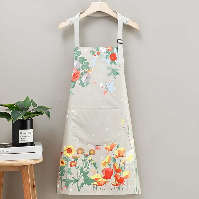 Floral Aprons with Pocket Blooming Women Waterproof Apron Adjustable Neck Long Ties Women Men Cook Baking Garden