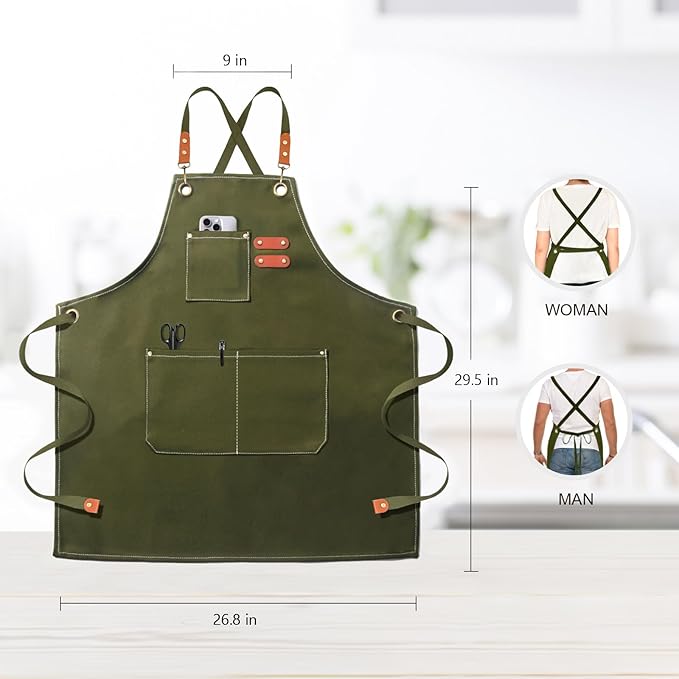 Chef Apron for Men Women Canvas Aprons with 3 Pockets Cross Back Resistant Work Apron for Cooking