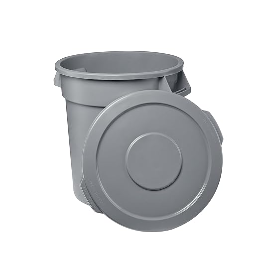 Feed and Seed Storage Container, 32 Gallon Gray Round Commercial Trash Can and Lid, Food Storage Plastic Bin, Use in Agricultural, Gardening, or Household