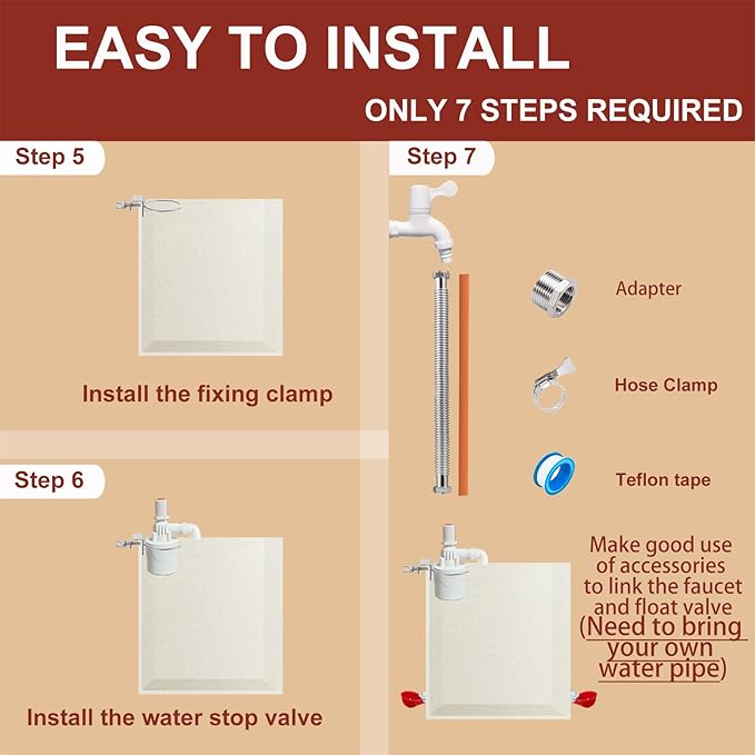 Chicken Waterer Float Valve Kit - Top Inlet, Compatible with Various Chicken Water Cups & Nipples, Includes Fixing Clip, 4 Hose Clamps, Raw Tape, 1/2 to 3/4 Inch Adapter