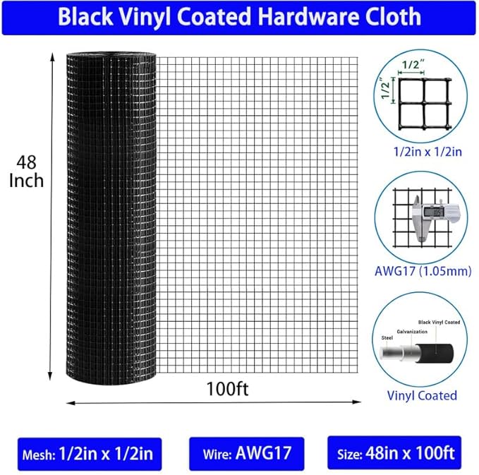 Hardware Cloth 1/2inch Black Vinyl Coated Wire Mesh 48" x 100' Welded Wire Fencing AWG17, PVC Coating Chicken Wire Fence,Welded Wire Mesh Roll for Garden Guard Fence Poultry Cage Net Fencing