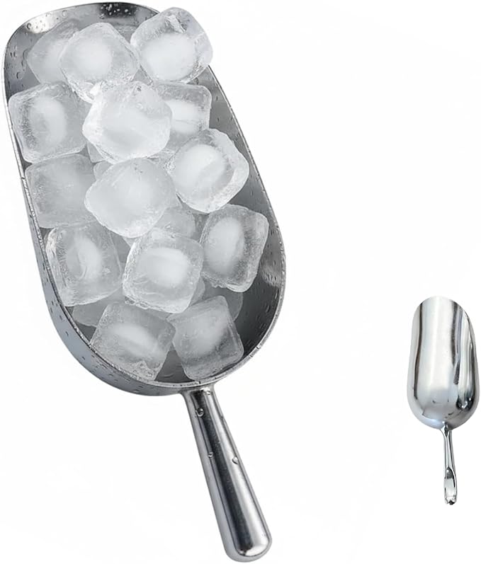 5oz Ice Cube Endurance Scoop, Cast Aluminum Shovel, Kitchen Utility Scoops With Finger Groove Handle, Ideal for Ice Cube, Coffee, Bean, Food, Candy, Flour, Popcorn Rust Free - Silver
